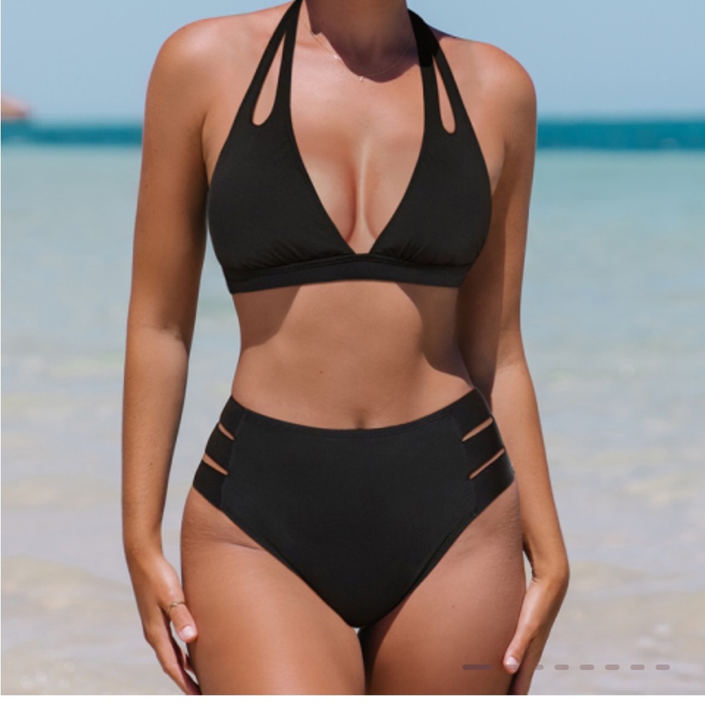 Size M-Halter Cutout High Waisted Black Bikini Set